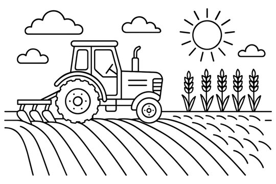 Linear farming scene with tractor and sunlit landscape