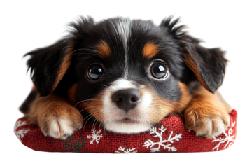 Adorable puppy resting on a cozy red blanket decorated with snowflakes, looking up with big, expressive eyes.