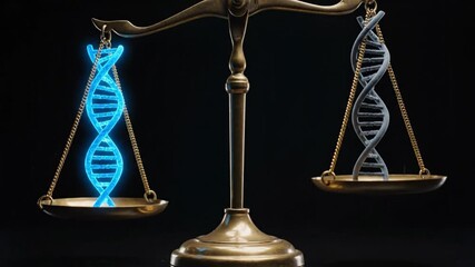 The scales of justice reach a perfect balance between two different DNA models, representing the complex ethical decisions in genetic science and equity