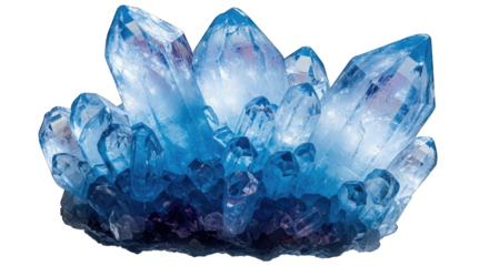 Cluster of blue quartz crystals on black background