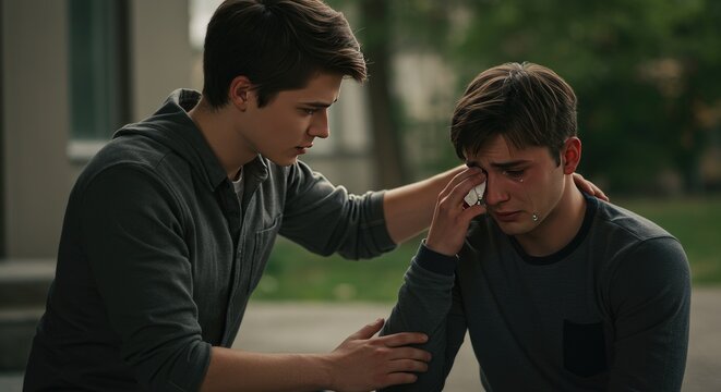 Two young men console each other outdoors daytime support and comfort