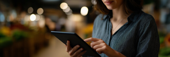 A woman uses a tablet device, showcasing modern technology integration in everyday life, within a bustling market, reflecting active engagement and connectivity.