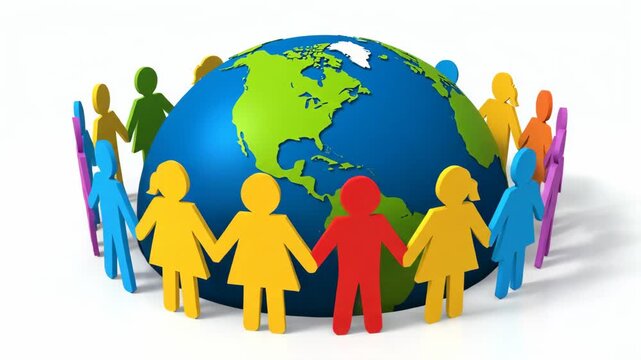 Diverse People Holding Hands Around the World - Colorful 3D figures, representing people of different backgrounds, are holding hands in a circle around a globe.