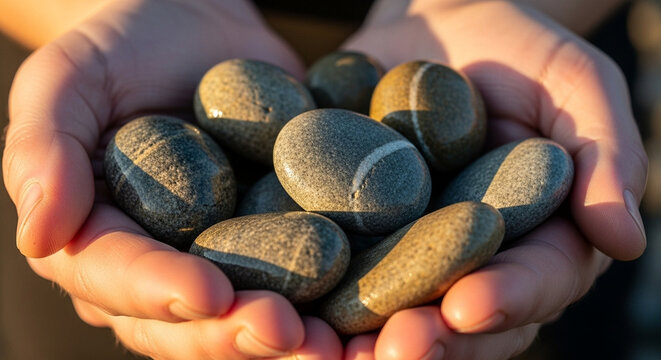 close-up of a person's hands gently holding smooth river stones, illuminated by warm natural light, with a focus on their organic texture and the act of mindfulness, using a shallow depth of field.