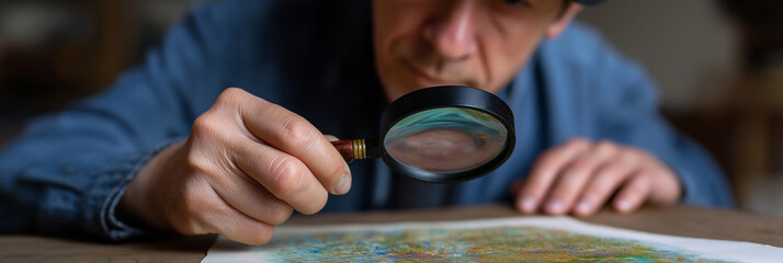 This image captures an artist closely examining their colorful painting with a magnifying glass, emphasizing attention to detail and the creative process in art.