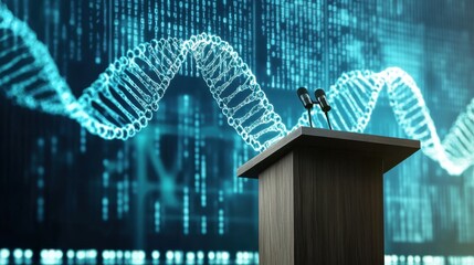 Science conference podium with DNA helix background and digital data visualization
