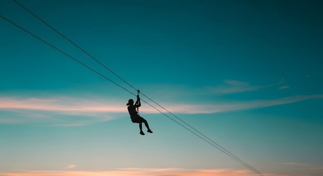 Silhouette of a person ziplining against a vibrant sunset sky, adventure and travel