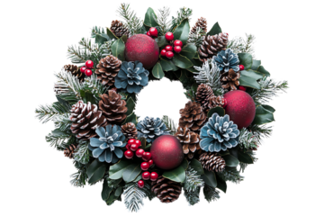 Beautiful Christmas wreath adorned with red ornaments, pinecones, and greenery against a white background.