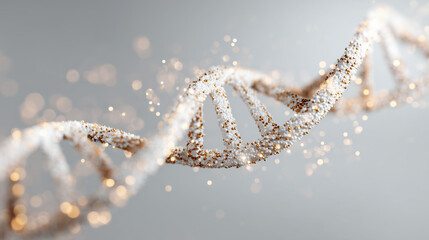 close-up of a sparkling DNA double helix made of golden and white particles, floating in soft light and symbolizing science, genetics, and molecular beauty
