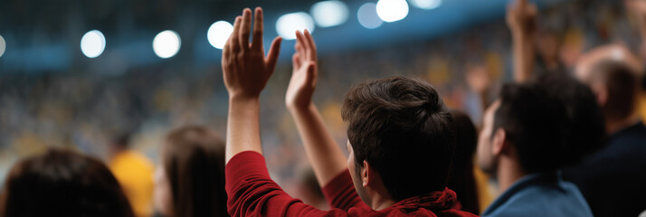 A lively crowd expresses excitement at a sporting event, hands raised in cheer, showcasing the energy and passion of fans as they support their team.