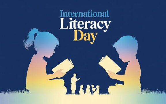 Silhouette kids learning together in vibrant International Literacy Day illustration.