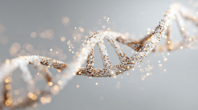 close-up of a sparkling DNA double helix made of golden and white particles, floating in soft light and symbolizing science, genetics, and molecular beauty
