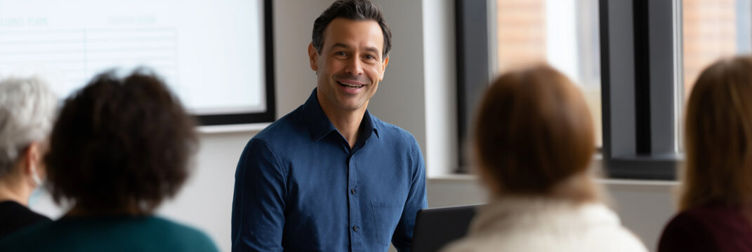 A confident man smiles as he presents to an engaged audience, demonstrating leadership and effective communication skills in a professional and educational setting.