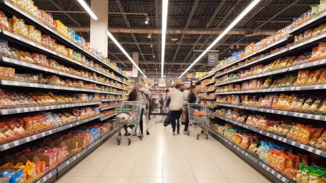 Supermarket Aisle with Shoppers - A long aisle in a grocery store is shown with shelves full of chips and snacks. People are walking down the aisle, some with shopping carts.