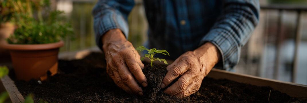 An elderly man gently plants a small seedling in rich soil, showcasing the nurturing aspect of gardening and the connection between nature and humanity in a calming atmosphere. - Powered by Adobe