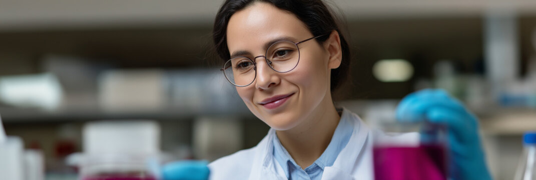 A close-up of a smiling female scientist in a lab coat examining colorful liquids in glassware, showcasing dedication and innovation in scientific research and laboratory work.