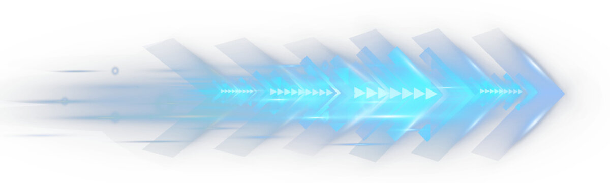 Futuristic blue glowing arrows with motion blur and light streak effect on dark background.