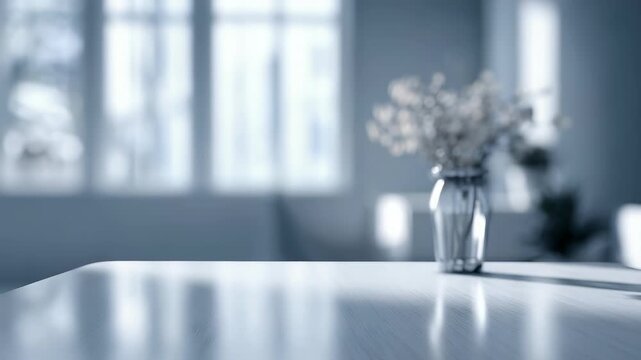 Bright and airy room featuring a shiny table surface and a stylish glass vase with delicate flowers, set against sunlit windows. The minimalist decor creates a calm, inviting atmosphere