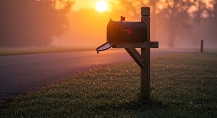 Silhouette of a mailbox at sunset with sun rays and copy space on a rural road