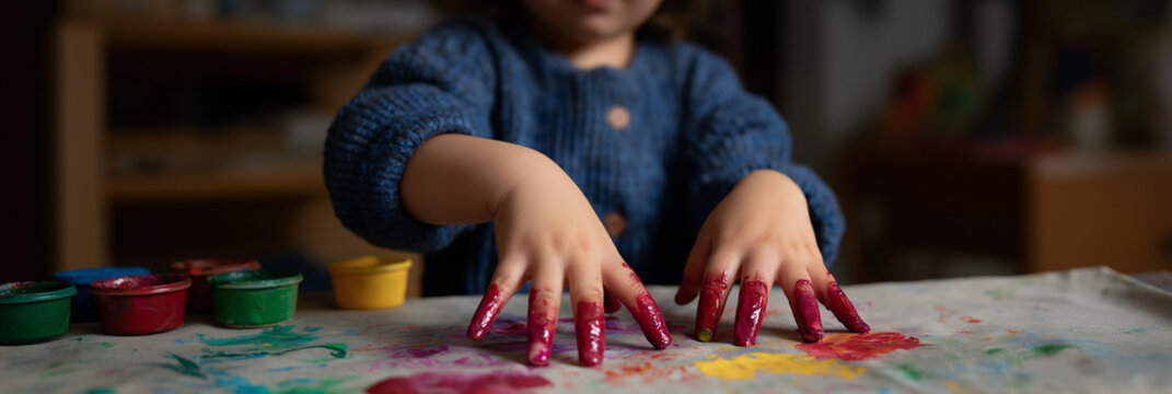 A joyful child playing with vibrant paints, covering their hands in colors, expressing creativity and freedom in a playful and artistic indoor environment.