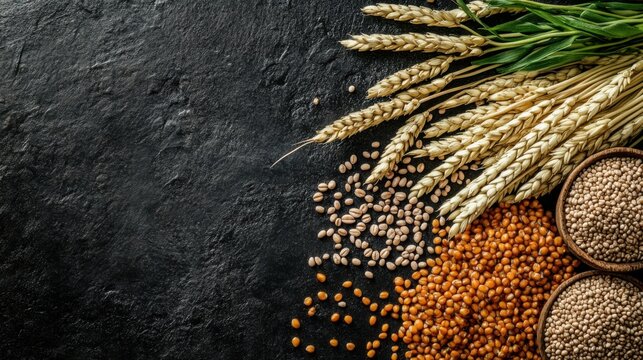 Golden wheat ears and grains assortment on dark textured surface - Powered by Adobe