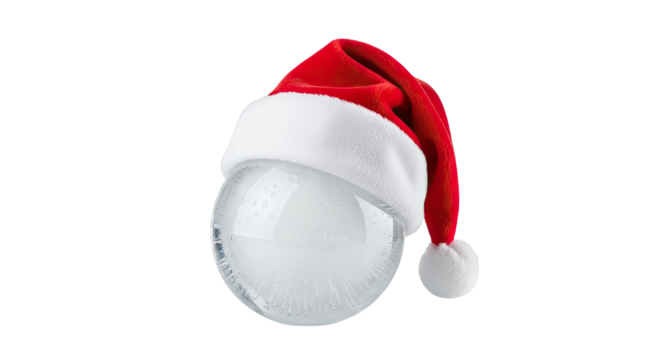 Minimalist holiday design with a festive Santa hat on a clear, round ice ball.