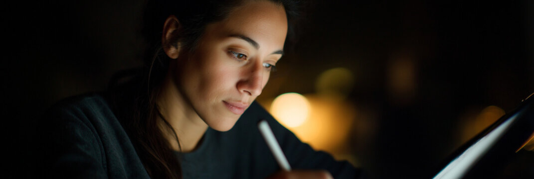 A focused woman writes thoughtfully in the dim light, embodying concentration and creativity as she shapes her ideas on paper, highlighting the beauty of quiet reflection.