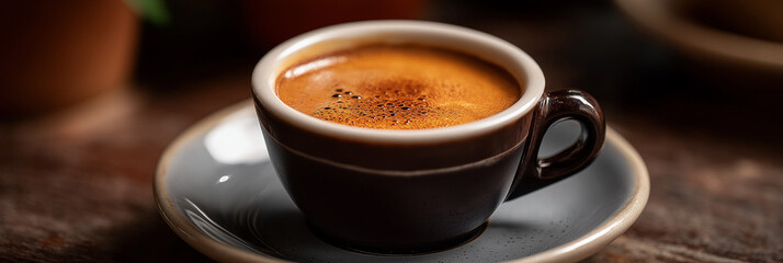 A warm espresso served in an elegant cup sits on a rustic table, inviting coffee lovers into a comforting atmosphere rich with aroma and flavor.
