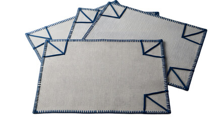 Rectangular woven placemats with blue trim isolated on transparent background