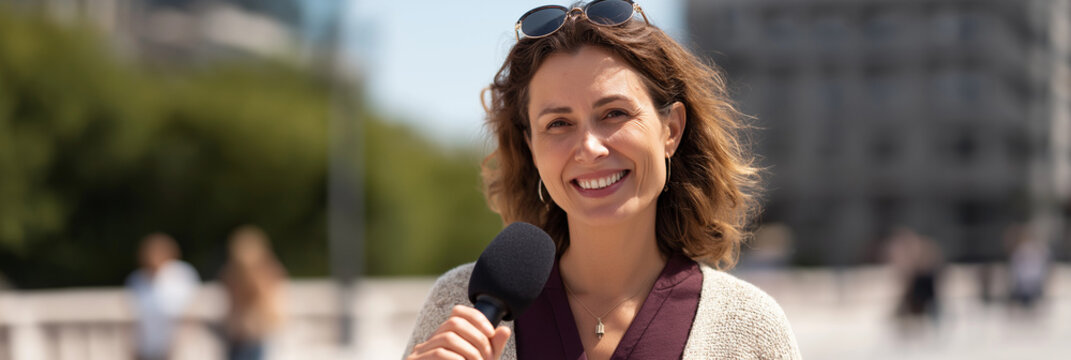 A cheerful female journalist stands outside with a microphone, ready to report, showcasing the excitement of news media and personal engagement in urban life.