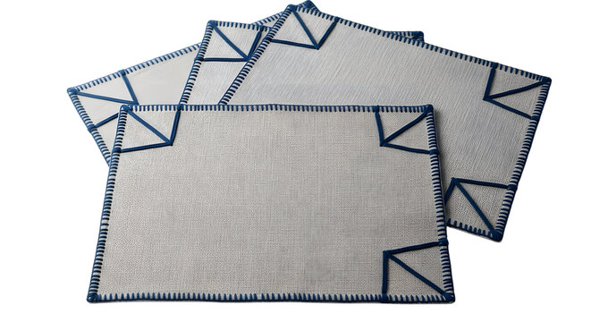 Rectangular woven placemats with blue trim isolated on transparent background