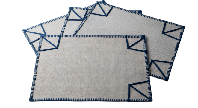 Rectangular woven placemats with blue trim isolated on transparent background
