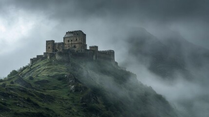 Naklejka premium Ancient medieval stone castle on mountain surrounded by dramatic fog and mist creating mysterious fantasy landscape and history concept on white background 