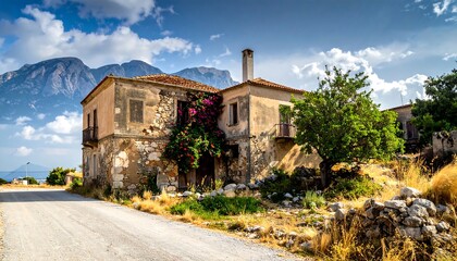 Picturesque Stone House in Rural Greece with Mountain Backdrop.