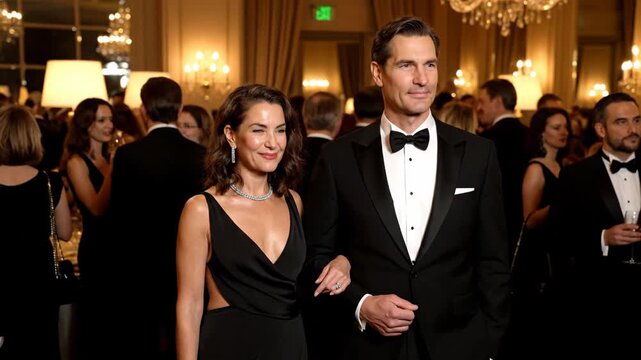Elegant Couple at Formal Gala - A handsome couple walks arm-in-arm through a crowded formal event. The man wears a black tuxedo with a bowtie, while the woman is dressed in a stylish black gown with