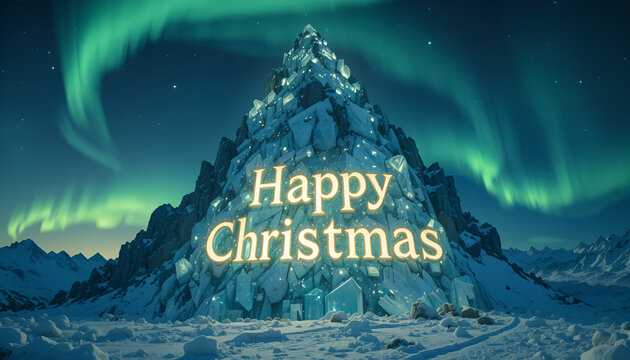 Happy christmas written on a snowy mountain with aurora borealis in the sky
