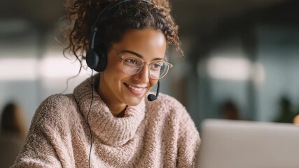 Confident female customer support agent communicates online, providing assistance through a video call. Cozy workspace and positive attitude highlight remote work trends and digital communication - Powered by Adobe