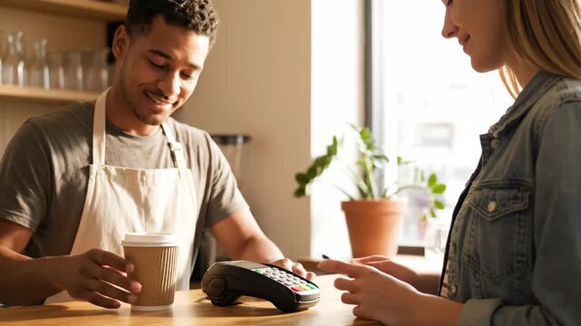 Contactless Payment at Cafe - A customer is paying with a credit card at a cafe. The barista is holding a coffee cup, smiling, and assisting the customer.