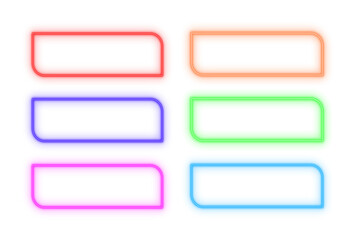 Square corner line neon light text box frame, button, set of colorful shaped object elements isolated on white background
