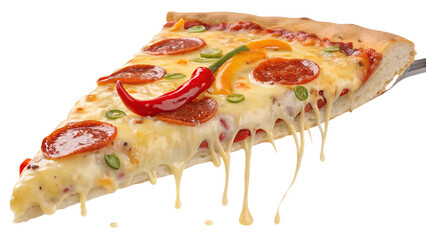 Cheesy pizza slice with visible toppings, isolated on transparent background, realistic melted detail.