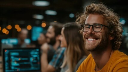 Confident young programmer smiling during collaborative software development session in modern, vibrant office space with diverse team - Powered by Adobe
