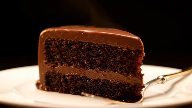 Chocolate Cake Slice - A decadent slice of chocolate cake with chocolate frosting sits on a white plate, accented by a silver fork.