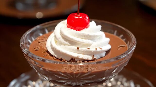 Chocolate Pudding with Whipped Cream and Cherry - A close-up shot shows a crystal bowl filled with rich chocolate pudding, topped with a swirl of whipped cream and a bright red maraschino cherry.