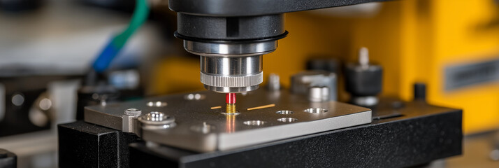 This close-up showcases a precision microscope inspecting intricate machinery parts, highlighting the importance of technology in innovation and manufacturing processes.