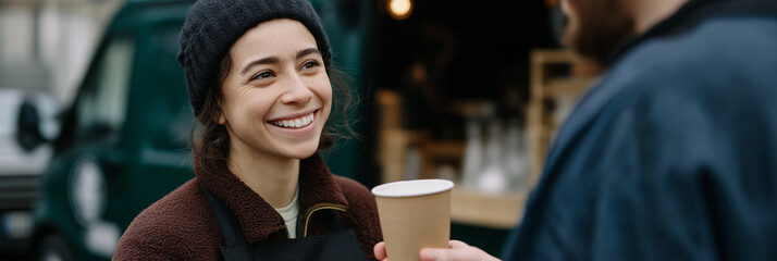A cheerful barista hands over a cup of coffee to a customer at a food truck, exemplifying friendly service and the joy of enjoying a warm beverage in a social setting.