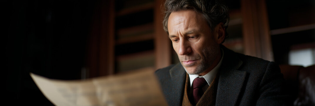 A thoughtful man studies an important document in a quiet office space, reflecting a moment of contemplation and decision-making in a professional environment.