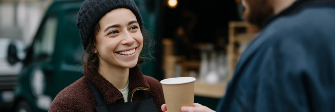 A cheerful barista hands over a cup of coffee to a customer at a food truck, exemplifying friendly service and the joy of enjoying a warm beverage in a social setting.