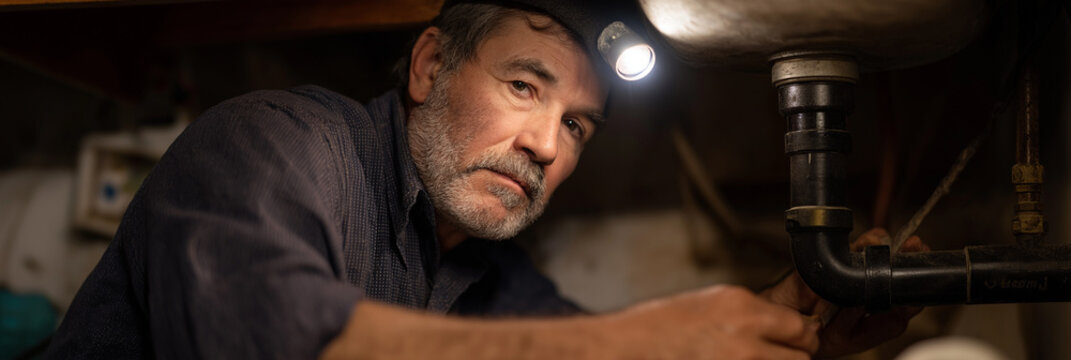 An experienced plumber focuses intently on repairing pipes under a sink, meticulously addressing issues that affect home comfort and functionality with professional skills.