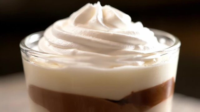 Layered Chocolate Dessert with Whipped Cream - A close-up shot of a layered dessert in a glass. It features a layer of chocolate, a layer of white cream, and a generous topping of whipped cream.