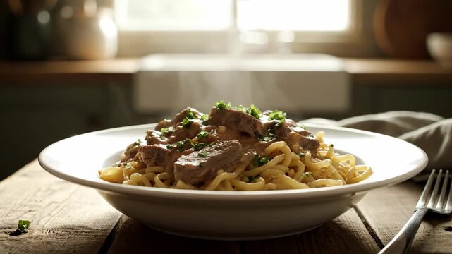 Beef Stroganoff on Noodles - This video shows a steaming bowl of beef stroganoff served over noodles and garnished with fresh herbs.